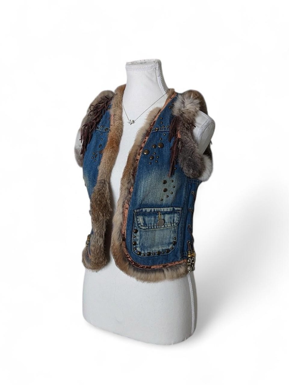 MECHANT Blue Denim Vest with Brown Fur Trim and Studs